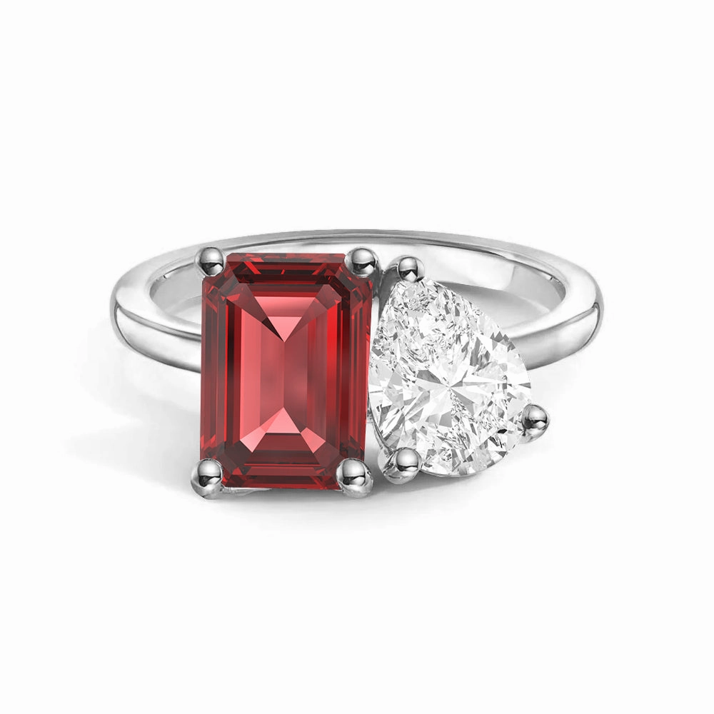 Graceful Contour Layered Texture Toi et Moi Personalized Ruby Birthstone Anniversary Ring