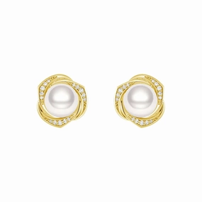 Freshwater Pearl Stud Earrings with Diamond Floral Halo Glistening Shine