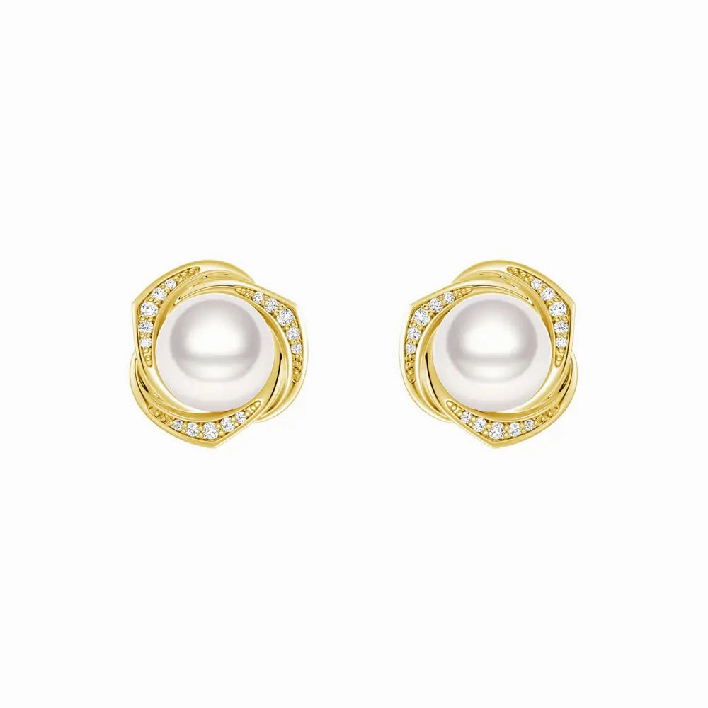 Freshwater Pearl Stud Earrings with Diamond Floral Halo Glistening Shine