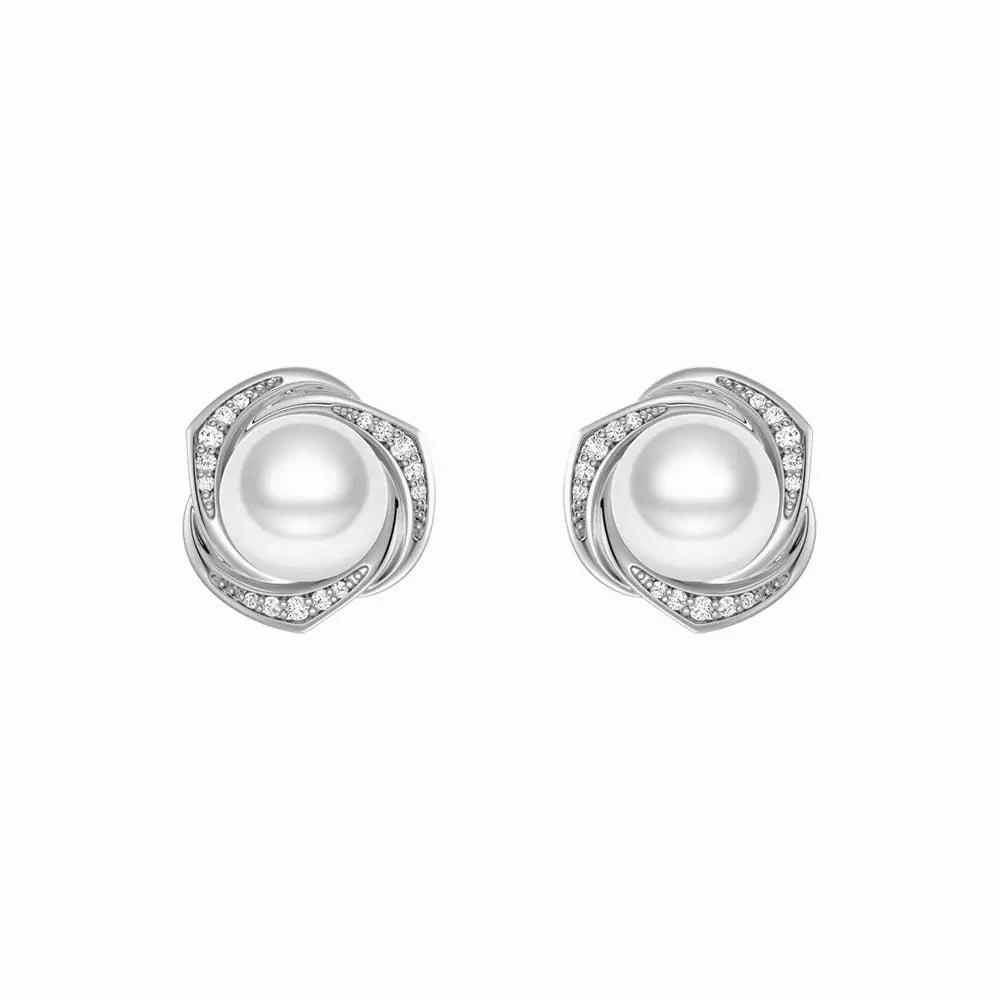 Freshwater Pearl Stud Earrings with Diamond Floral Halo Sophisticated Jewelry Design