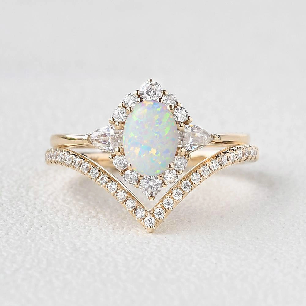 1.5ct Oval Opal Halo Ring Set 2pcs - Iris Dusk Mood Minimal Finish