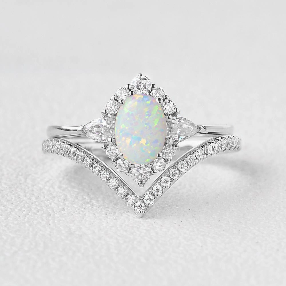 Shine Accent Everyday Sparkle 1.5ct Oval Opal Halo Ring Set 2pcs - Iris