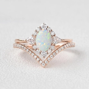 Feminine Touch Glitter Detail 1.5ct Oval Opal Halo Ring Set 2pcs - Iris