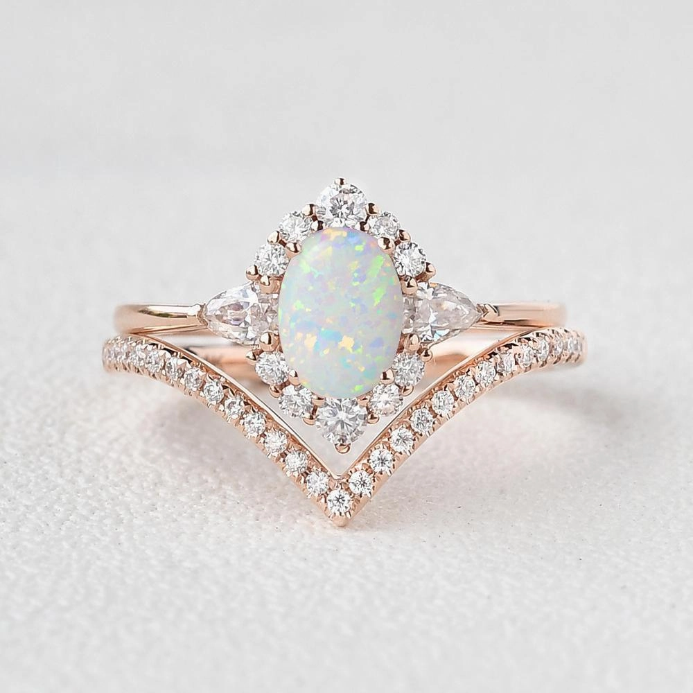 Feminine Touch Glitter Detail 1.5ct Oval Opal Halo Ring Set 2pcs - Iris