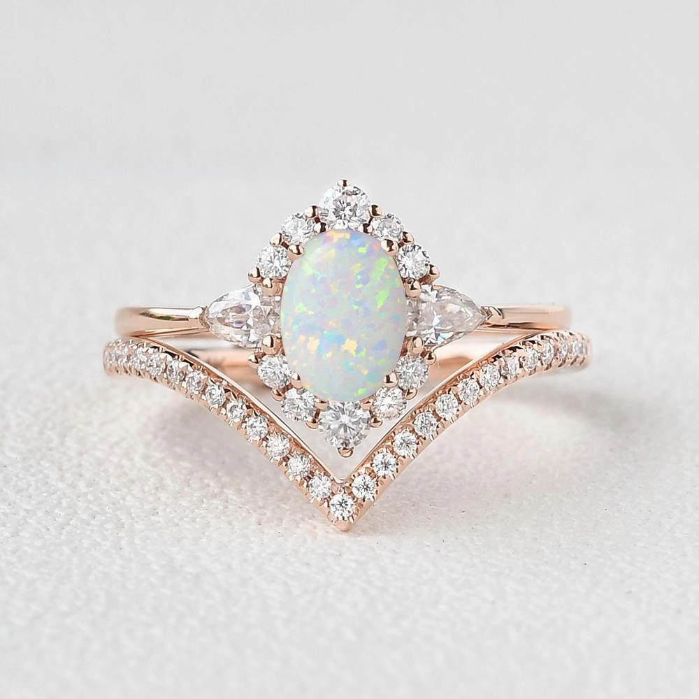 1.5ct Oval Opal Halo Ring Set 2pcs - Iris Sculpted Detail