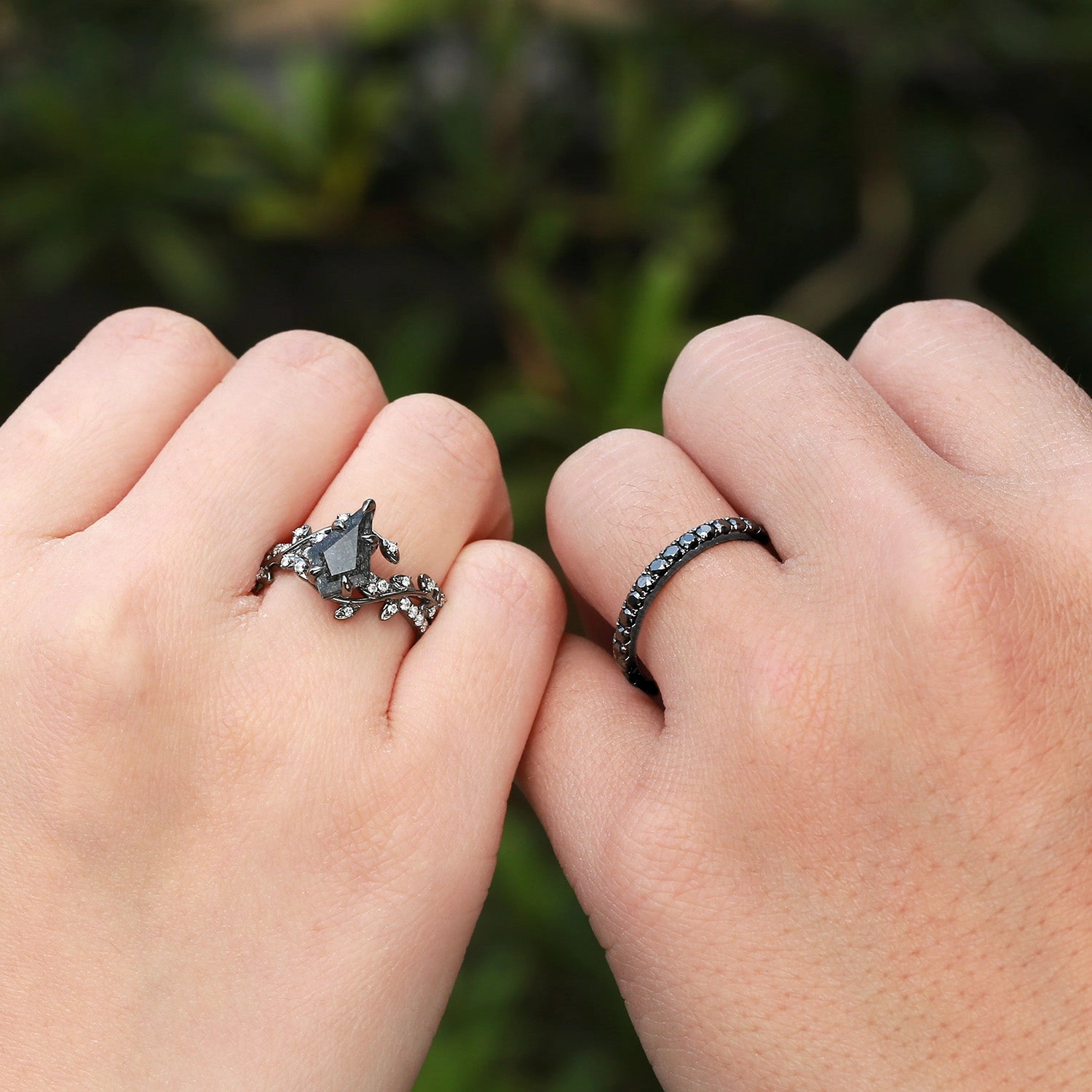 Kite Cut Black Rutilated Quartz Leafy Pave Black Gold Couple Ring Set 3pcs Beautiful finish Modern Element