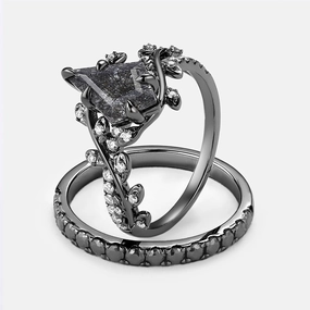 Kite Cut Black Rutilated Quartz Leafy Pave Black Gold Couple Ring Set 3pcs Timeless Jewelry Look Cozy Accent