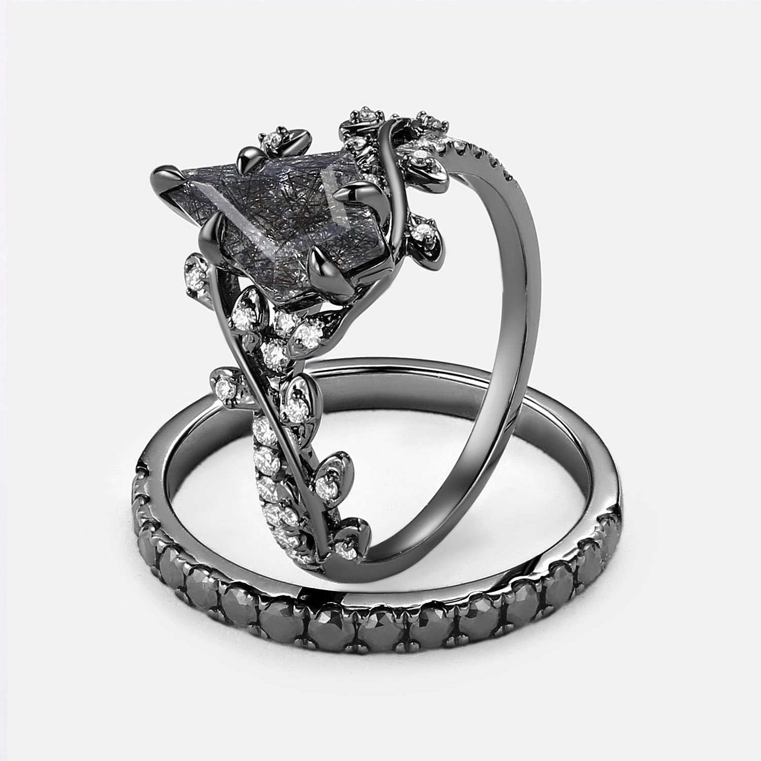 Kite Cut Black Rutilated Quartz Leafy Pave Black Gold Couple Ring Set 3pcs Fresh Detail Iconic look