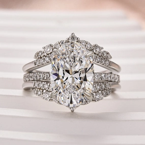 Moissanite 4.0 Ct Oval Cut Insert Wedding Ring Set With Jacket Stack Wedding Band Soft Appeal