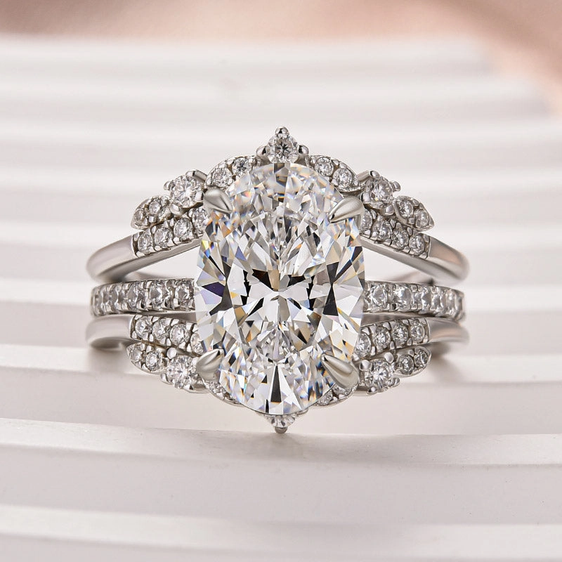 Moissanite 4.0 Ct Oval Cut Insert Wedding Ring Set With Jacket Stack Wedding Band Daring Look