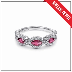 14K White Gold Twisted Diamond Rows and Ruby Marquise Stones Ring Polished Choice