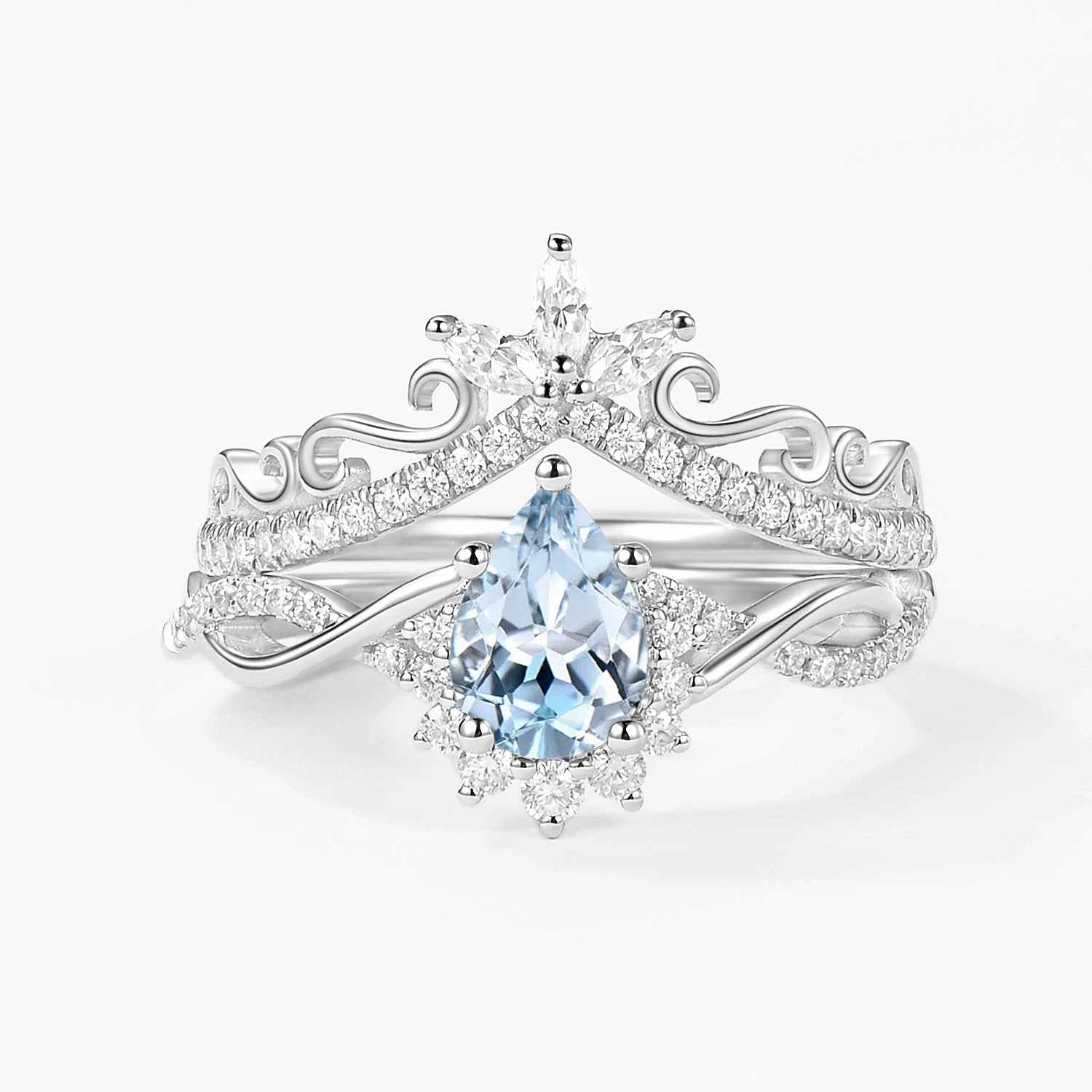 Contemporary Detail Pear Aquamarine Infinity Luxury Ring Set 2pcs - Aria