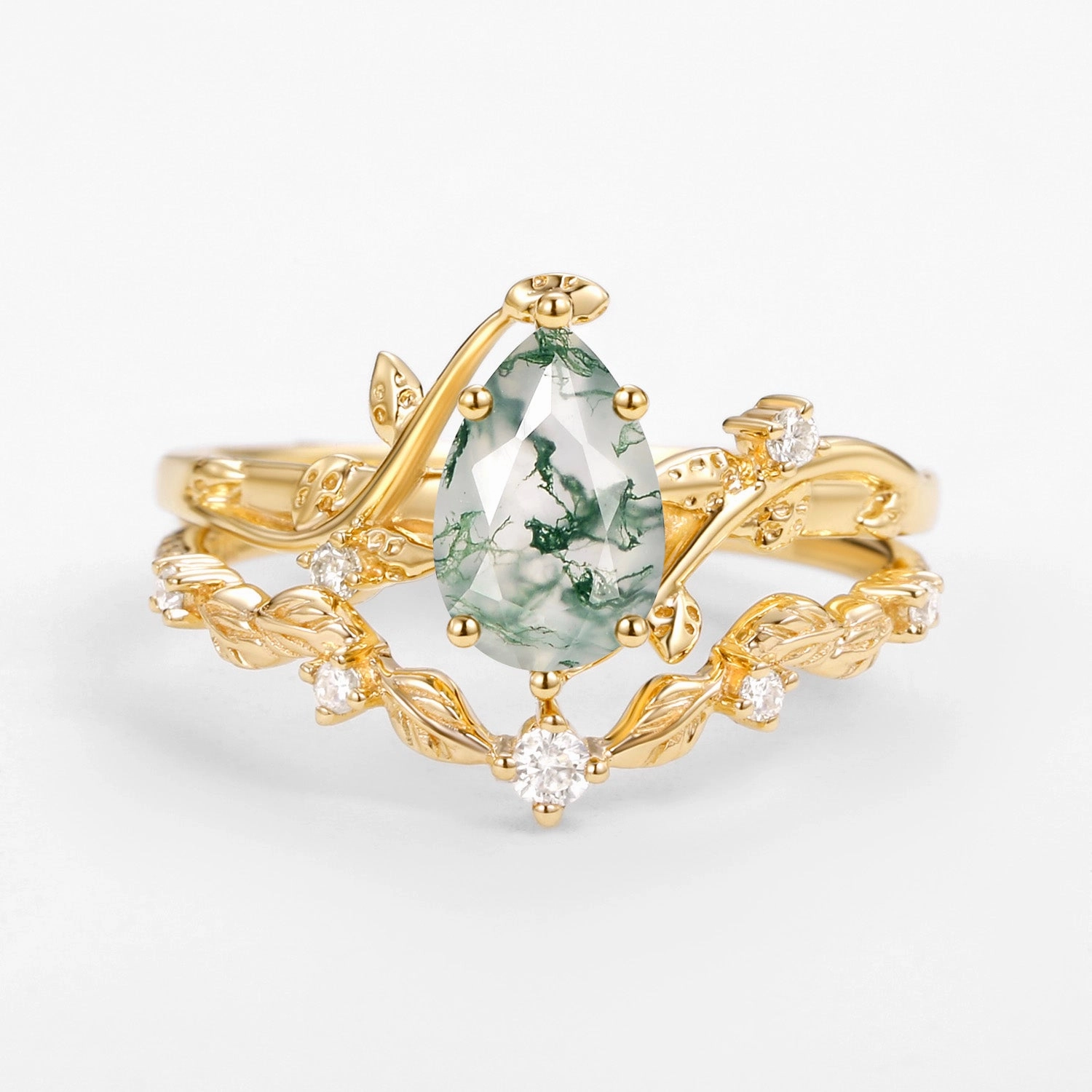 Vine Leafy Pear Cut Moss Agate Engagement Ring Sets 2pcs - Ashley Textured Feature Anniversary Present