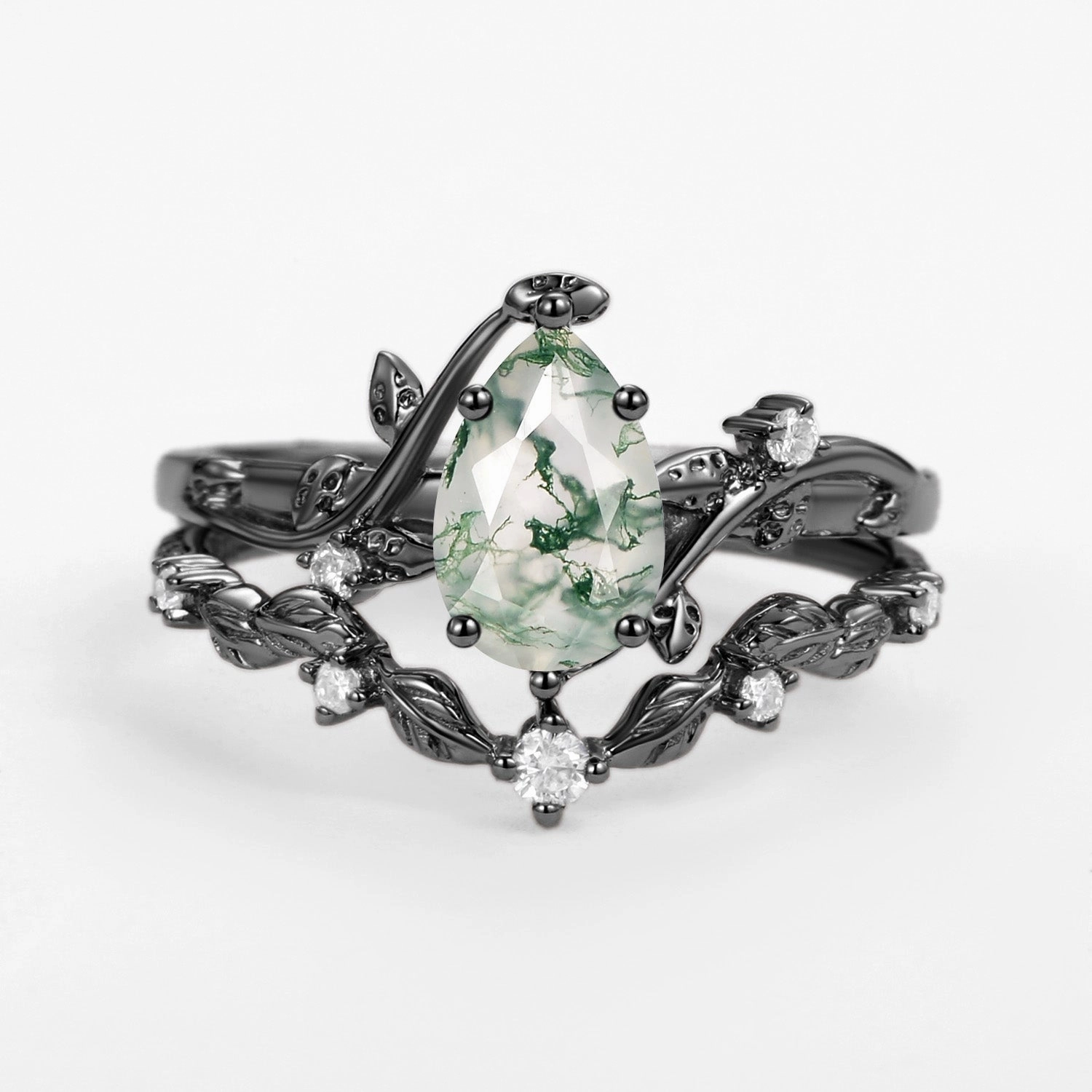 Polished Feature Stunning Detail Vine Leafy Pear Cut Moss Agate Engagement Ring Sets 2pcs - Ashley
