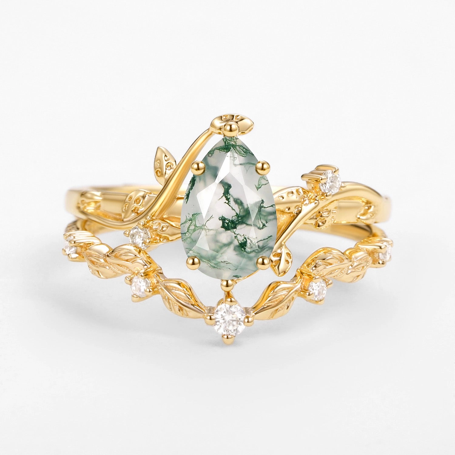 Vine Leafy Pear Cut Moss Agate Engagement Ring Sets 2pcs - Ashley Graceful Line Bold Shine