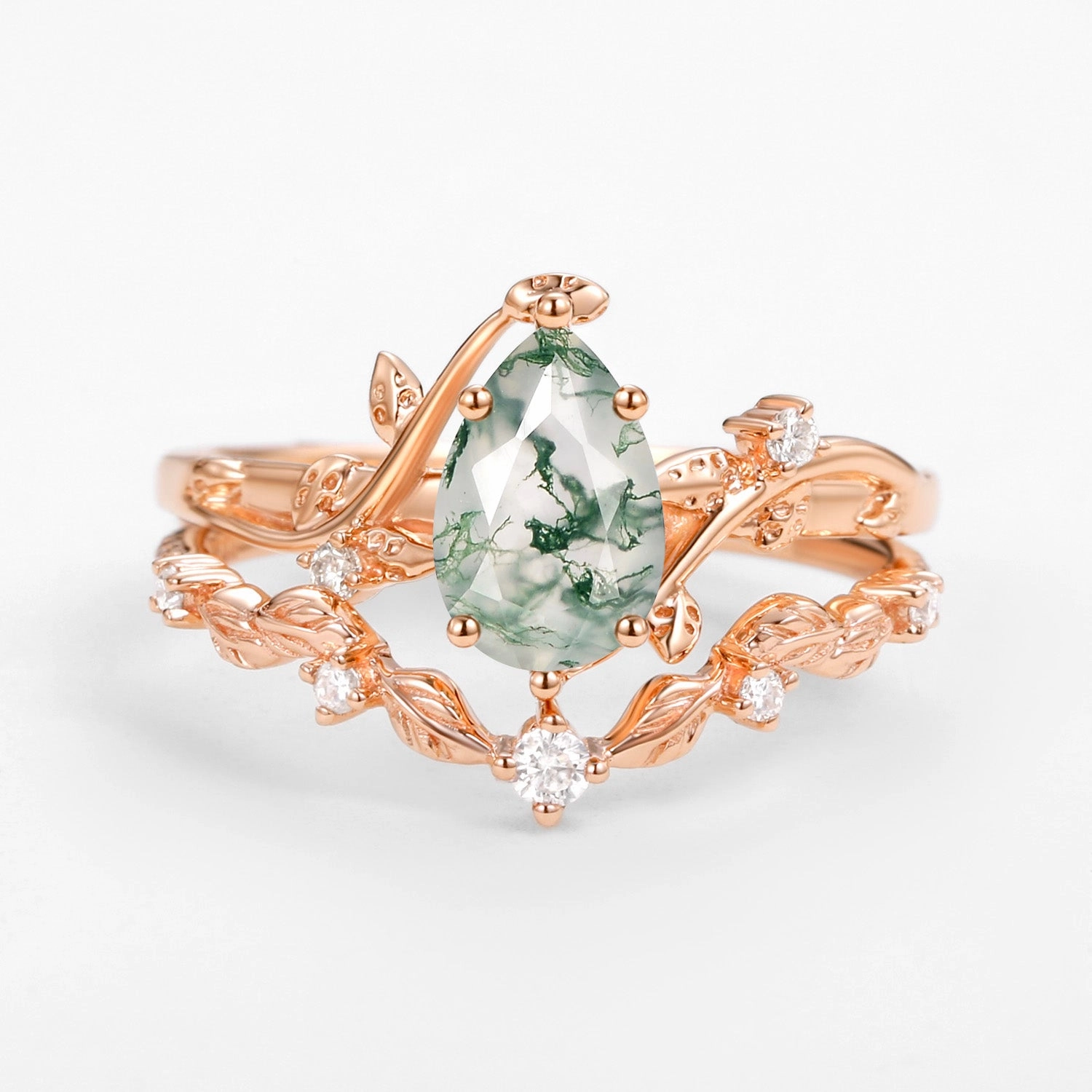 Versatile Accessory Vine Leafy Pear Cut Moss Agate Engagement Ring Sets 2pcs - Ashley