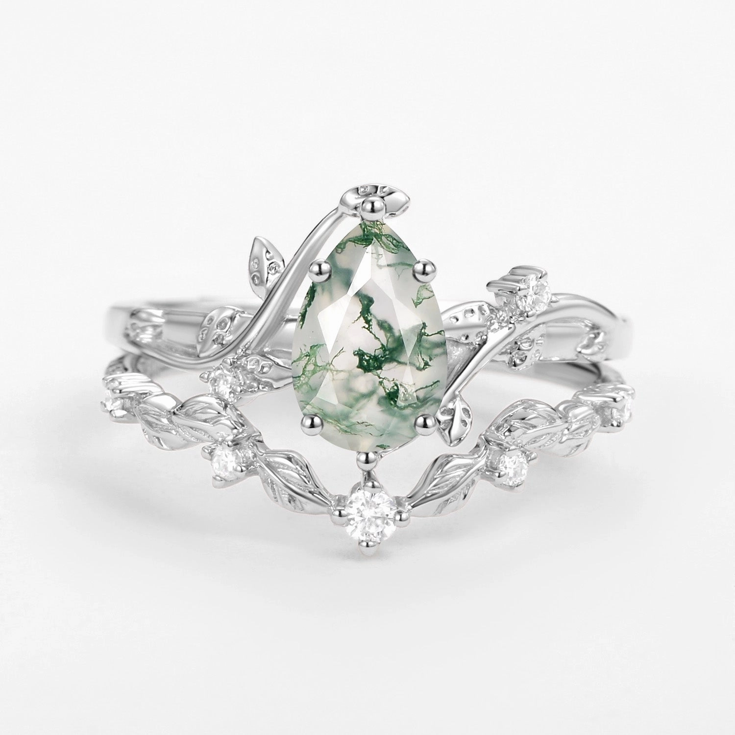 Neat Detail Vine Leafy Pear Cut Moss Agate Engagement Ring Sets 2pcs - Ashley