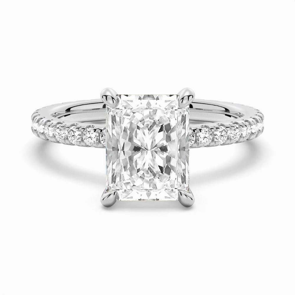 Radiant Cut Moissanite Engagement Ring With Eternity Pave Shank Shimmer Effect Premium Accent