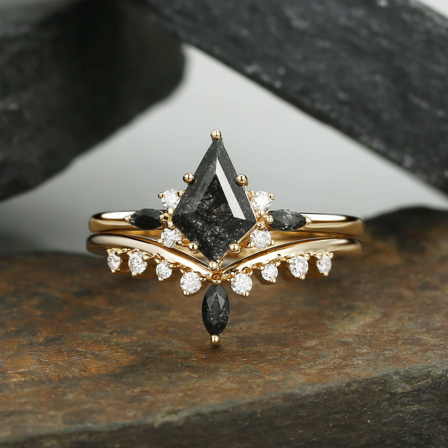 Luxurious Detail Daily Accent Kite Cut Black Rutilated Quartz Engagement Ring Set 2pcs - Claire