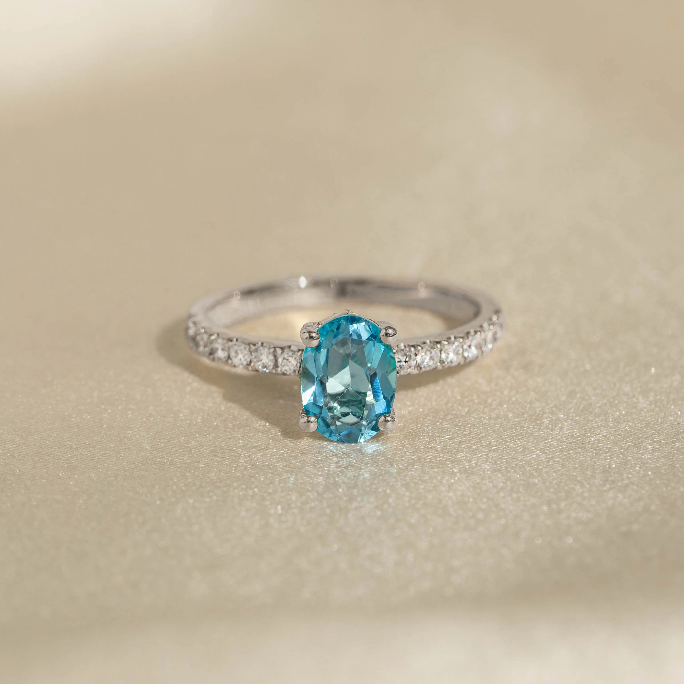 Custom Memento Lightweight Statement Oval Swiss Blue Topaz and Diamond Ring White Gold - Minette