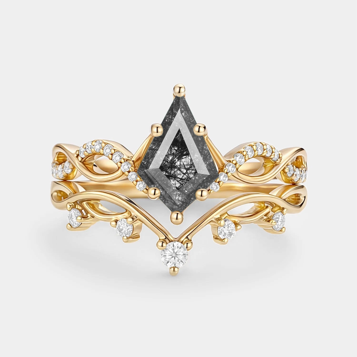 Kite Cut Black Rutilated Quartz Engagement Ring Sets 2pcs - Phyllon Artisan Touch Model Shot