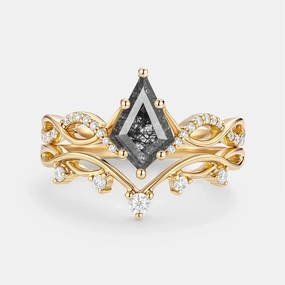 All Day Wear Rich Texture Kite Cut Black Rutilated Quartz Engagement Ring Sets 2pcs - Phyllon