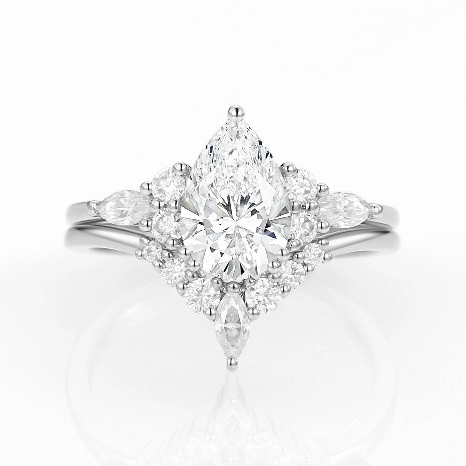 Sculpted Touch Modern Pear Cut Lab Grown Diamond Engagement Ring Set 2pcs