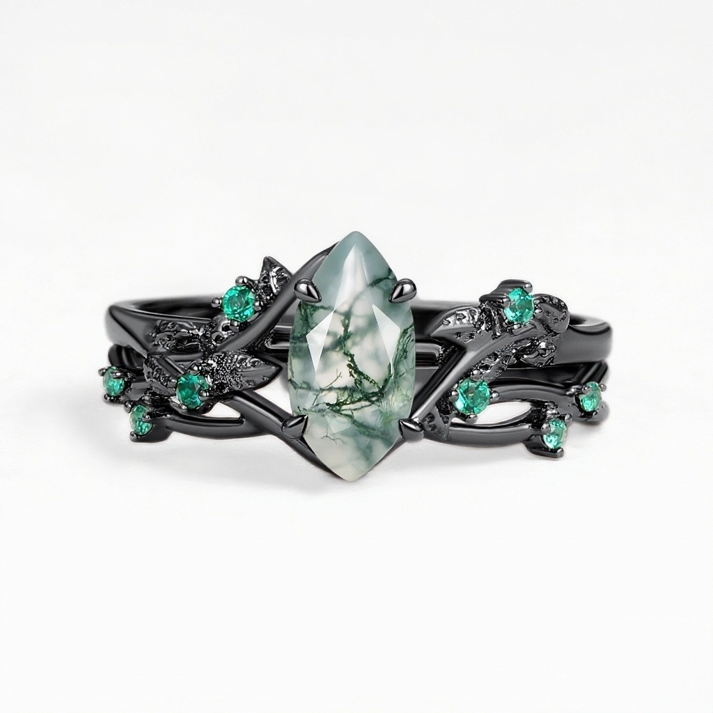 Nature Inspired Moss Agate Vintage Marquise Engagement Ring Set 2pcs - Mossy Model Mood