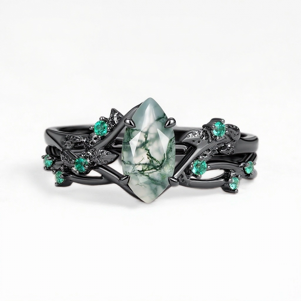 Gleaming Craft Subtle Form Nature Inspired Moss Agate Vintage Marquise Engagement Ring Set 2pcs - Mossy
