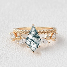 Kite Cut Moss Agate Leafy Vintage Engagement Ring Set 2pcs - Kelp Simple Detail