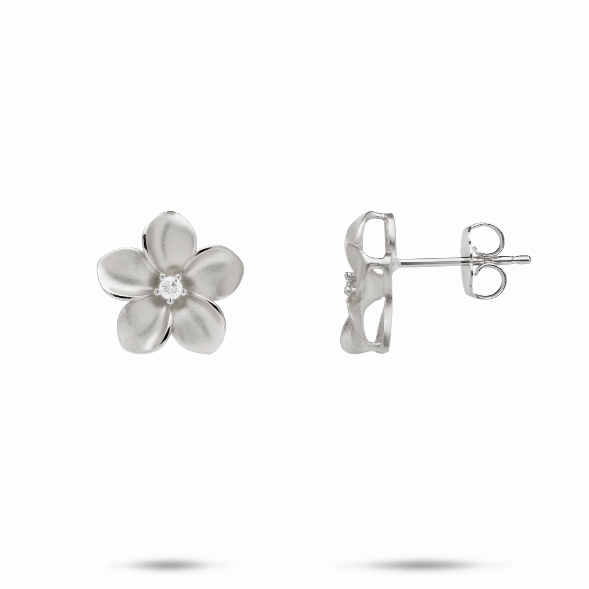 Plumeria Earrings in White Gold with Diamonds - 13mm Premium Aesthetic Dull Jewelry