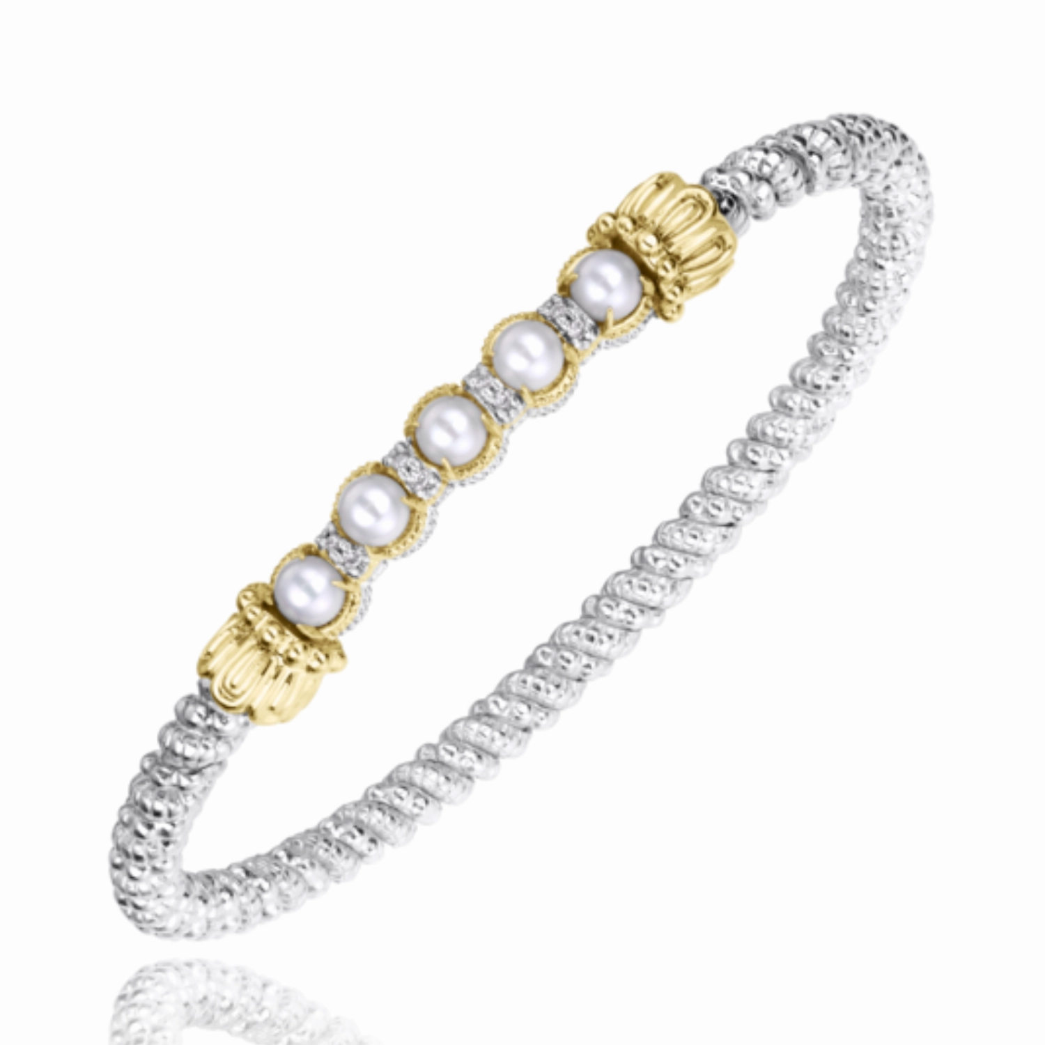 14K Yellow Gold and Sterling Silver Diamond Pearl Bangle Bracelet Sacred Amalgamations