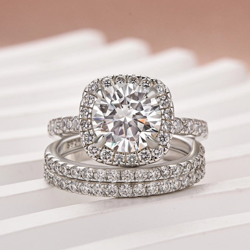 Moissanite 2.0 Ct Halo Round Cut White Gold Promise Ring with Full Eternity Thin Wedding Band Subdued Sparkle Stylish Finish