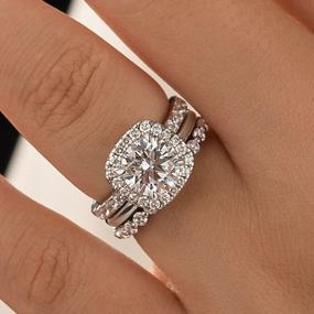 Moissanite 2.0 Ct Halo Round Cut White Gold Wedding Ring Set Understated Elegance