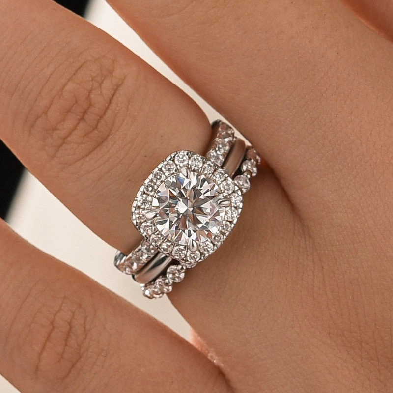 Moissanite 2.0 Ct Halo Round Cut White Gold Wedding Ring Set Understated Elegance