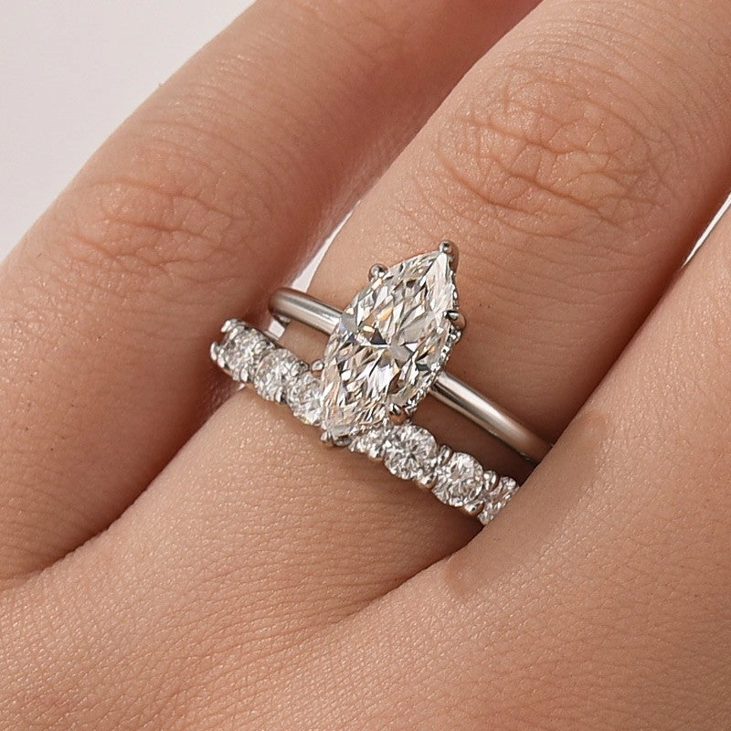 Simple Layer Moissanite 2.0Ct Marquise Cut Solitaire White Gold Engagement Ring with Pav?? Eternity Ring