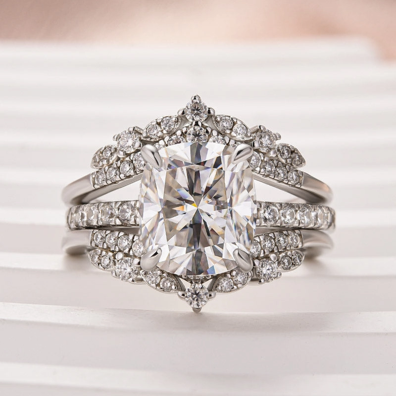 Radiant Gems Moissanite 3.0 Ct Cushion Cut Insert Wedding Ring Set With Jacket Stack Wedding Band