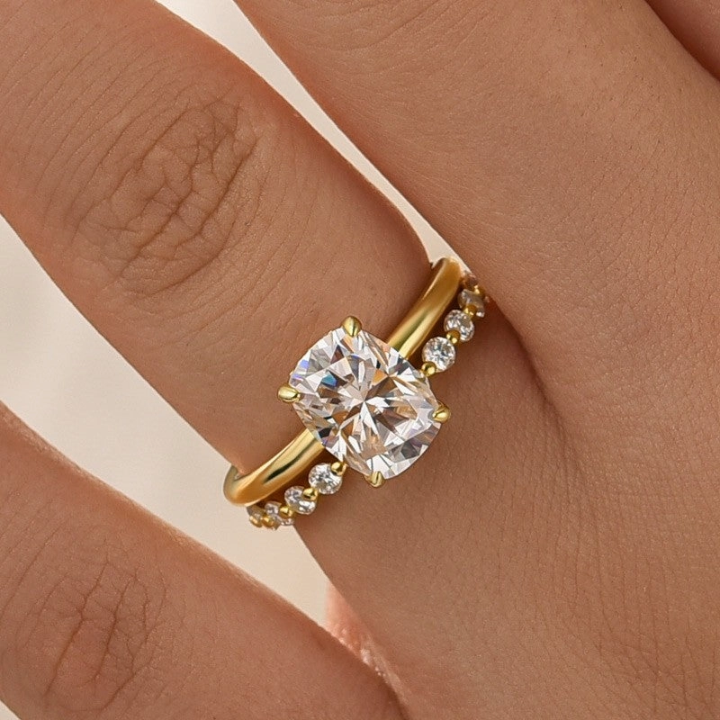 Moissanite 4.0 Ct Solitaire Cushion Cut Yellow Gold Wedding Set Handmade Glam