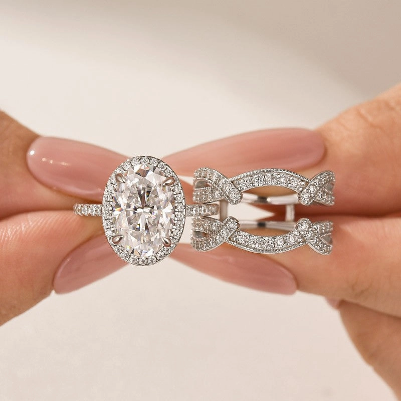 Moissanite 4.0Ct Halo Oval Cut White Gold Stack Wedding Ring with Enhancer Wedding Band Soft Focus Custom Shine Design