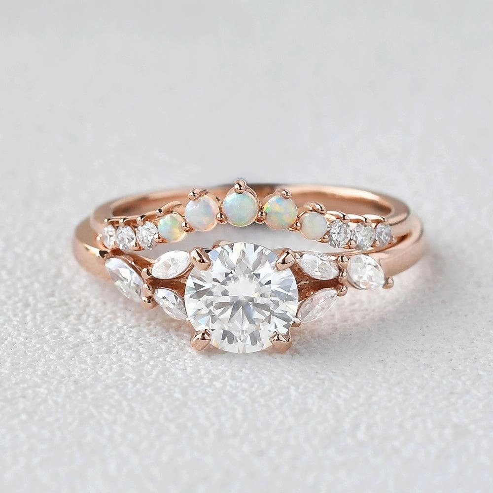 Occasion Accent Moissanite & Opal Rose Gold Ring Set 2pcs