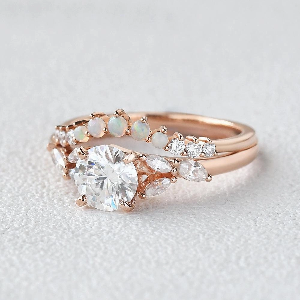 Moissanite & Opal Rose Gold Ring Set 2pcs Bold Accent Understated Fit