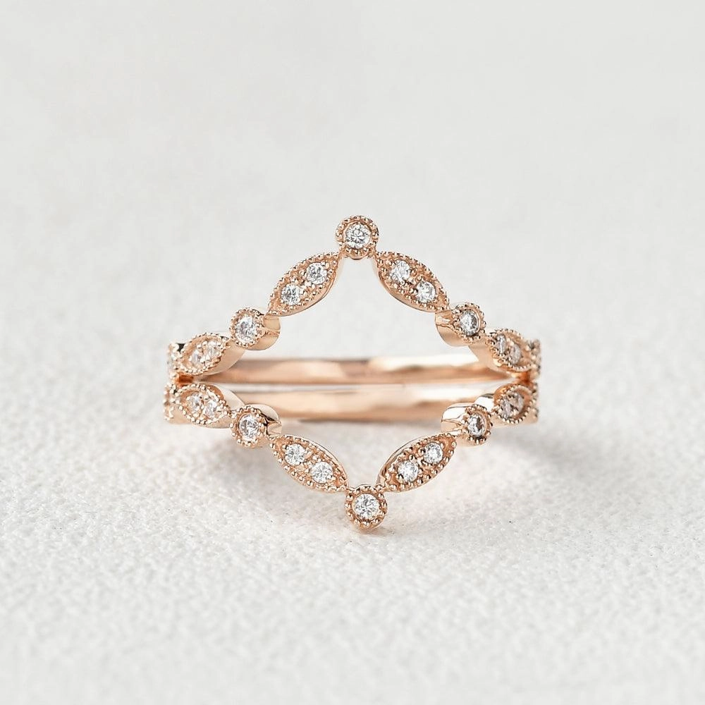 Comfort Style Statement Shine Moissanite Band V Shaped Rose Gold Ring Set 2pcs