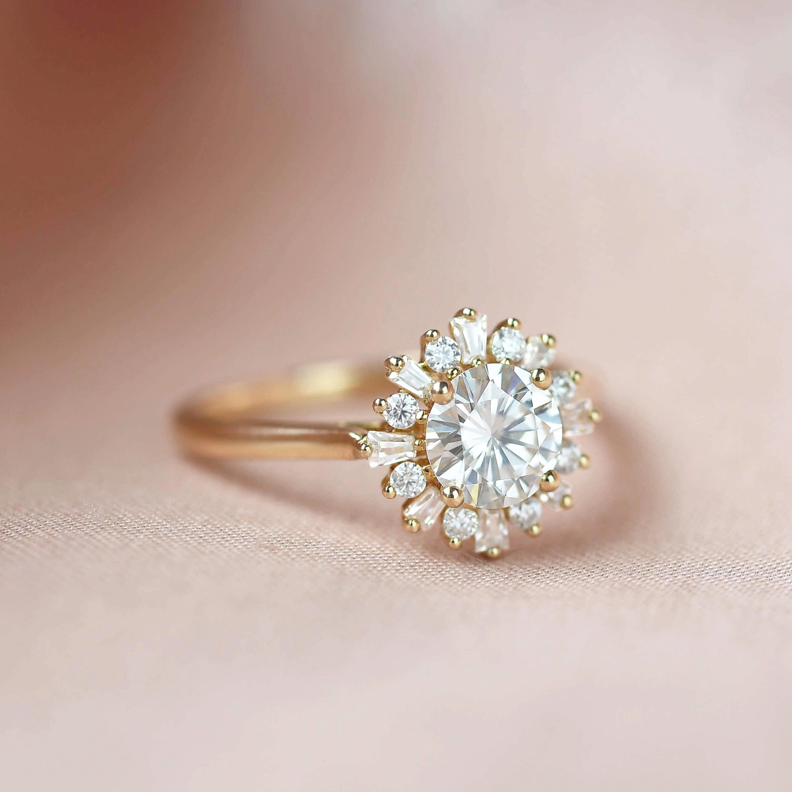 Moissanite Halo Yellow Gold Inspired Ring Modern Design Trendy Look