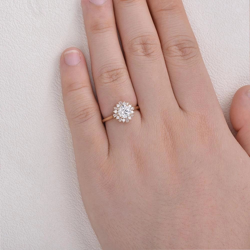 Moissanite Halo Yellow Gold Inspired Ring Charming Look Gift Fit
