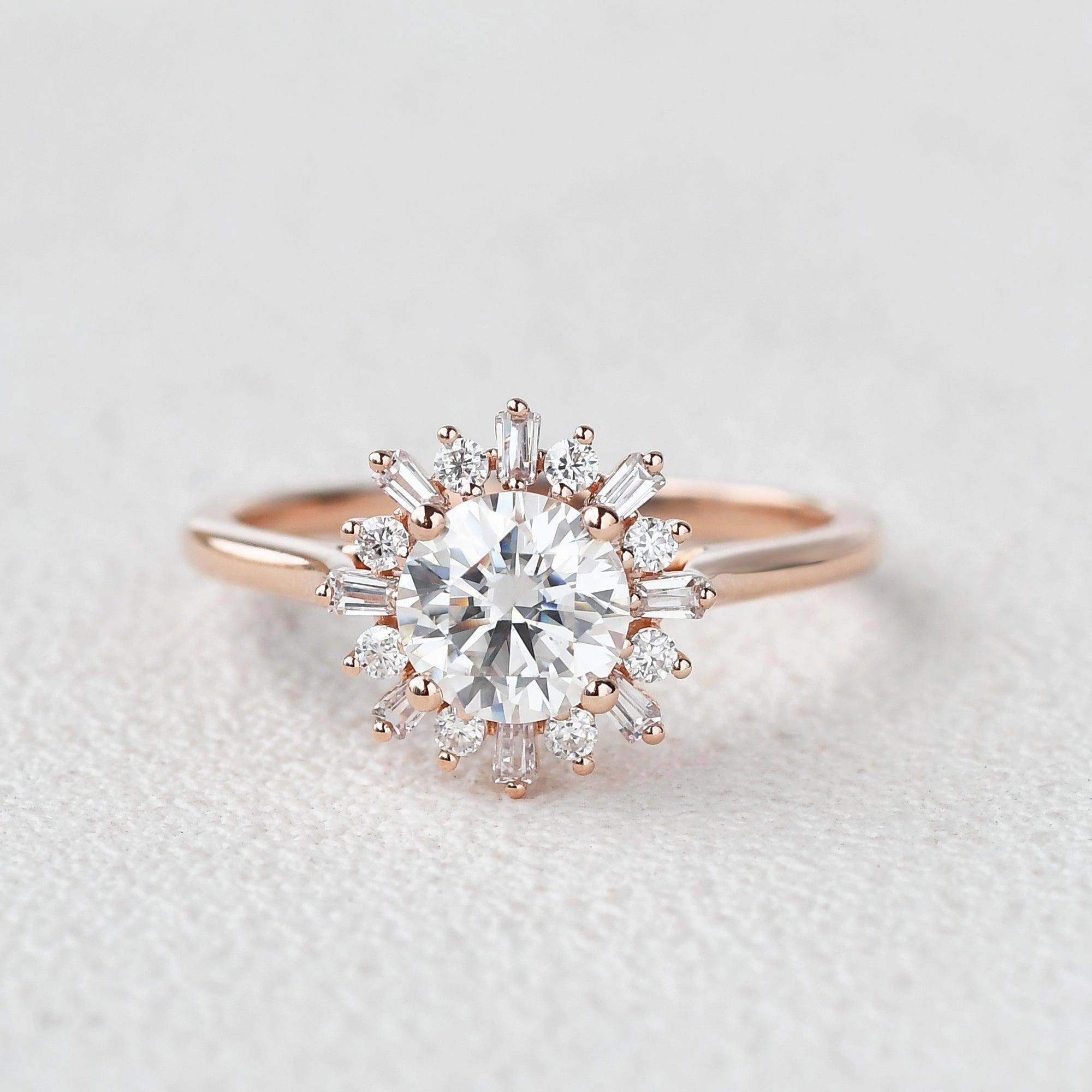 Moissanite Halo Yellow Gold Inspired Ring Glitter Detail Romantic Glow