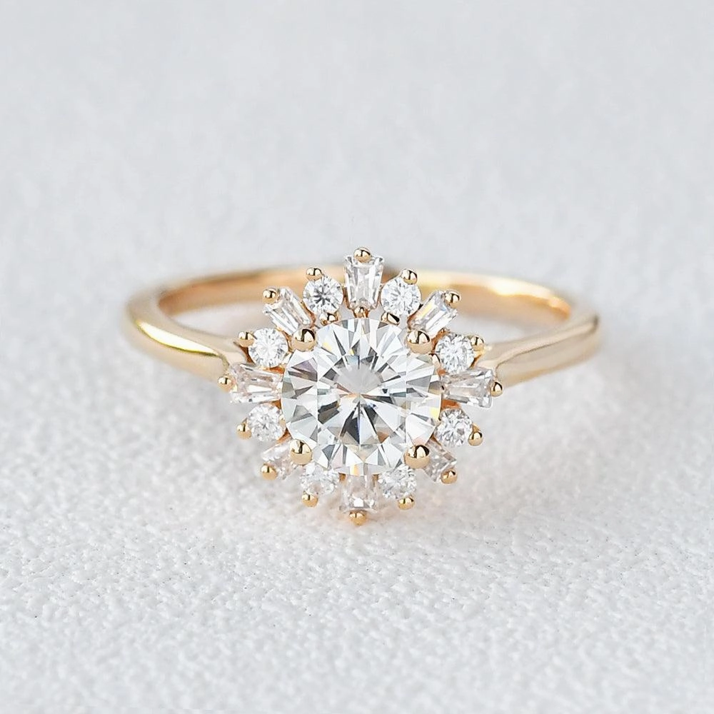 Moissanite Halo Yellow Gold Inspired Ring Outdoor Glam