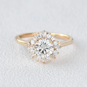 Moissanite Halo Yellow Gold Inspired Ring Outdoor Glam