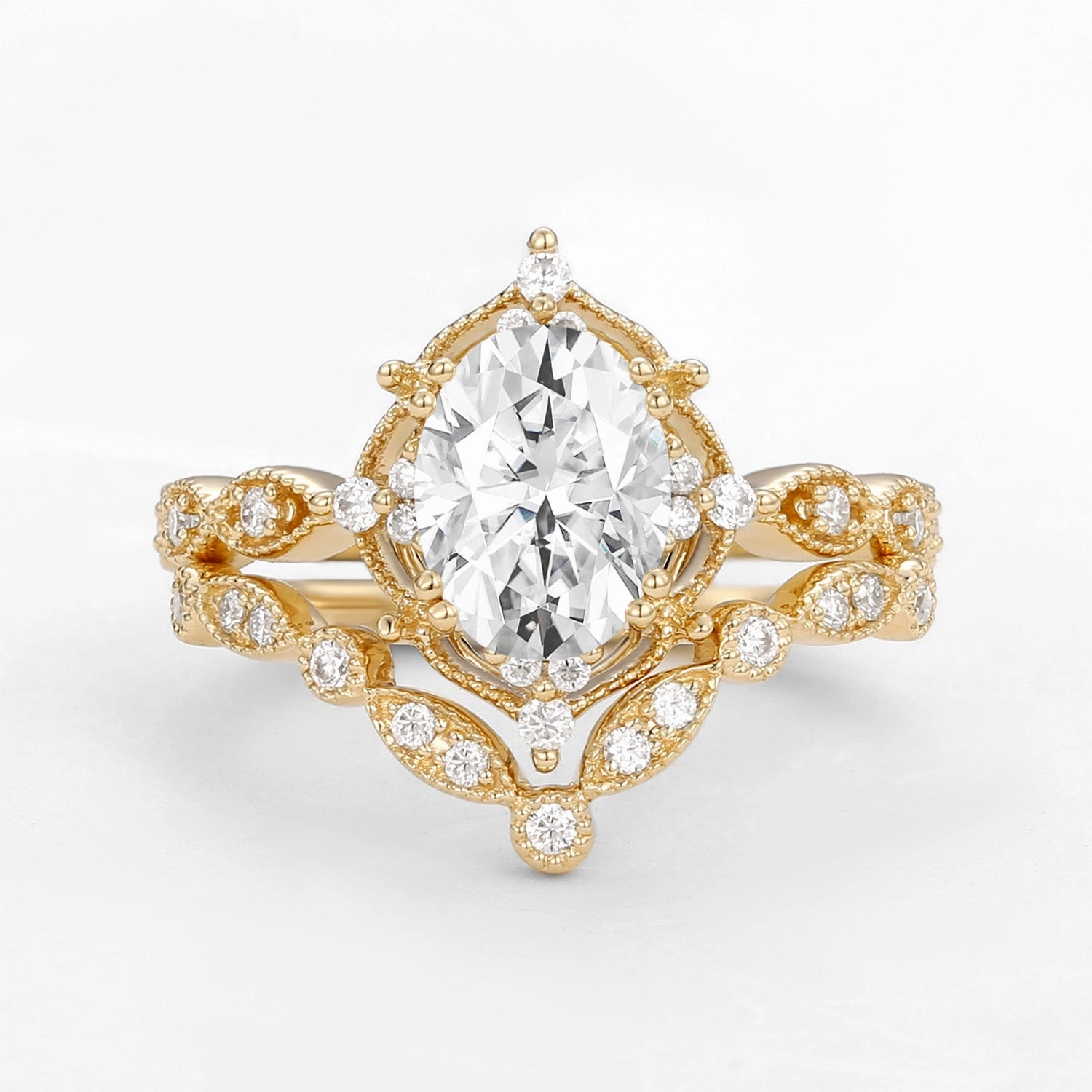 Intricate Work Classic Elegance Moissanite Signature Vintage Inspired Ring Set 2pcs
