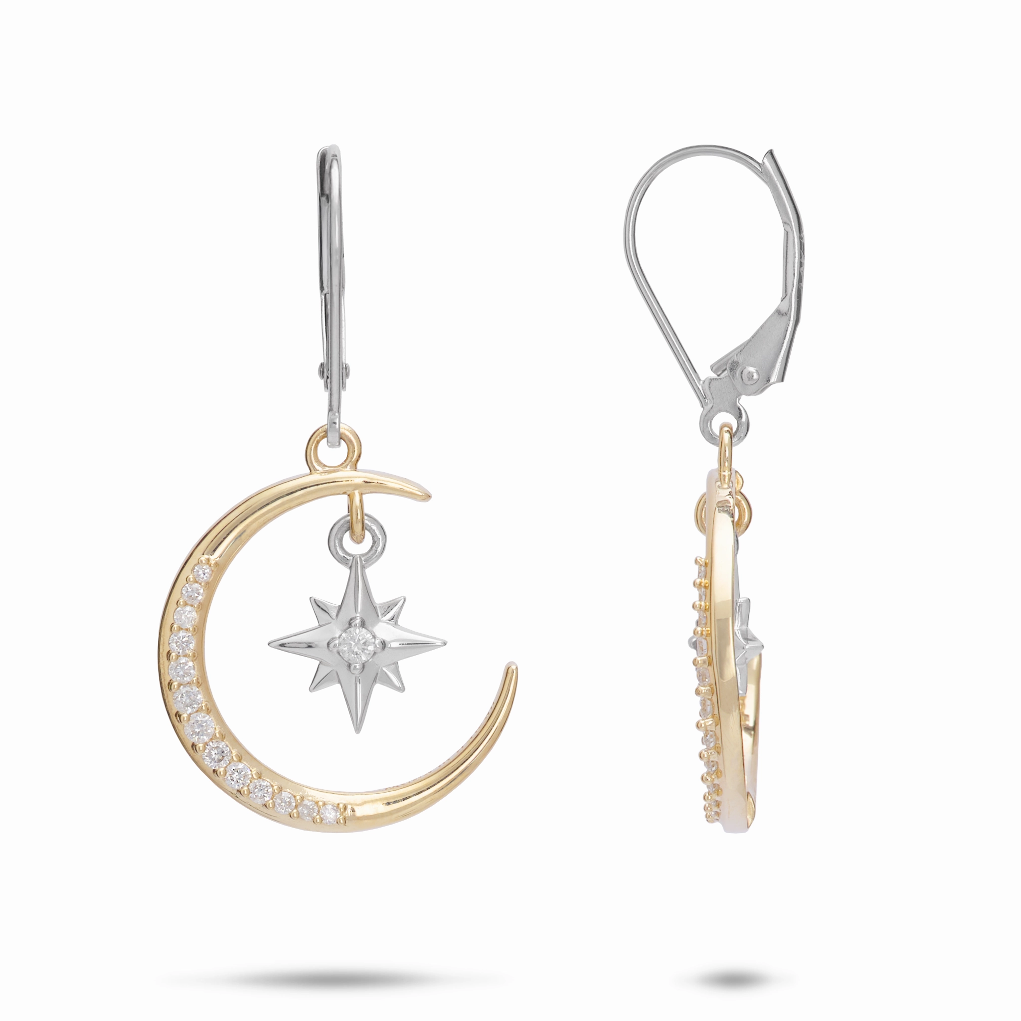 Moon & Star Mermaid Earrings in Two Tone Gold with Diamonds Understated Detail Minimal Charm