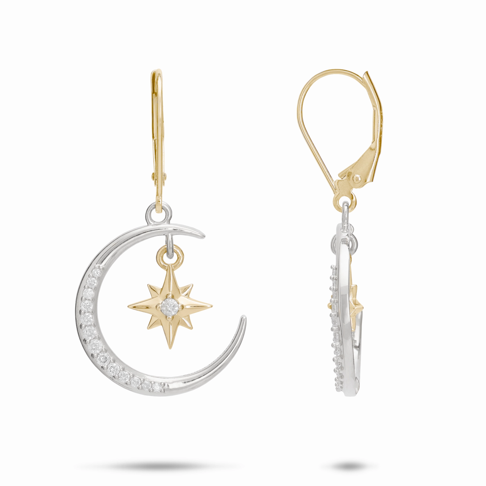 Pretty Style Modern Option Moon & Star Mermaid Earrings in Two Tone Gold with Diamonds